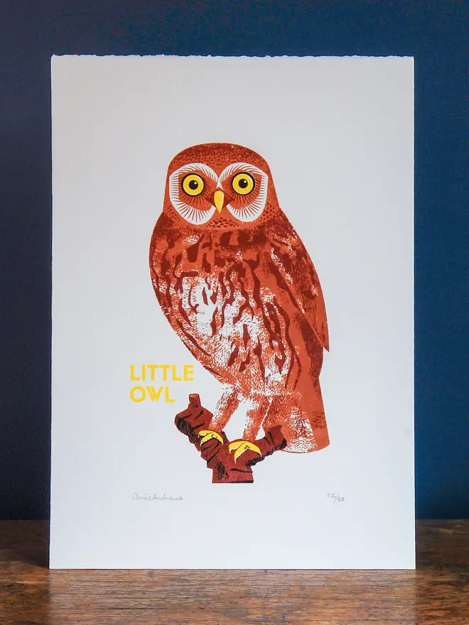  illustrated little owl print. illustrated owl print propped up against navy blue wall bcakground.