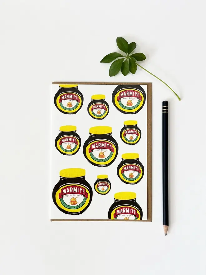 marmite jars illustrated card. card photographed against plain white backdrop.