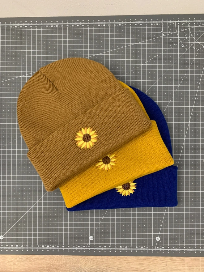 Sunflower Beanie - Caramel, mustard and Royal Blue