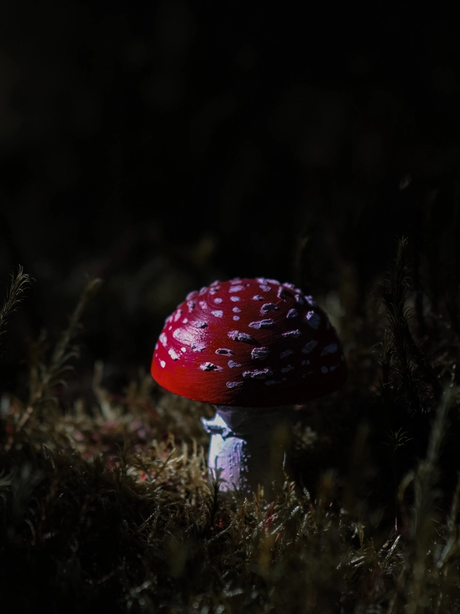 Handmade wooden toadstools and mushroom decorations inspired by enchanted woodland walks