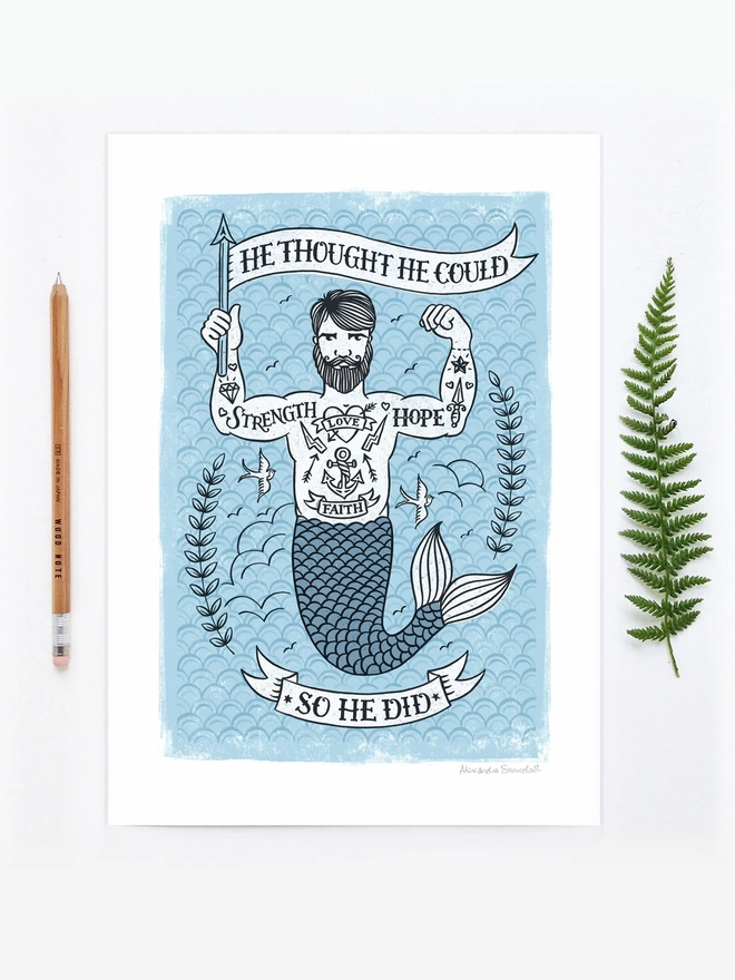 blue tattoo merman congratulations print unframed with fern and wood pencil