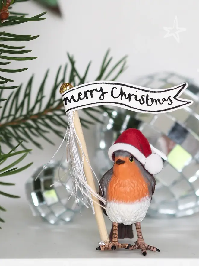 christmas robin decoration with Santa hat