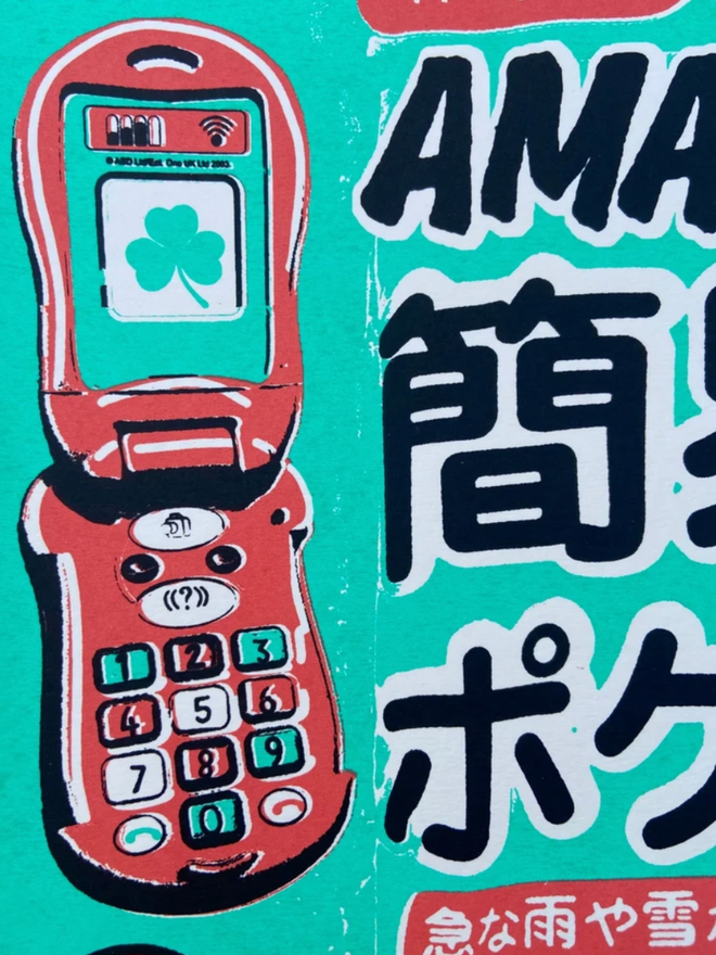 Amazing Pocket Coat Print. A close up of the print’s details depicting a flip phone.