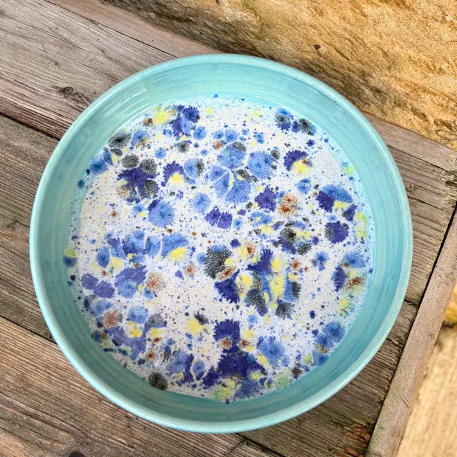 Shoreline Pasta Bowl, a colourful bowl placed on a wooden surface against a brick backdrop. 