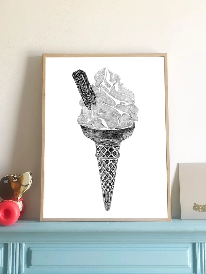 Art print of a hand drawn illustration  of a classic 99 ice cream cone displayed in a frame