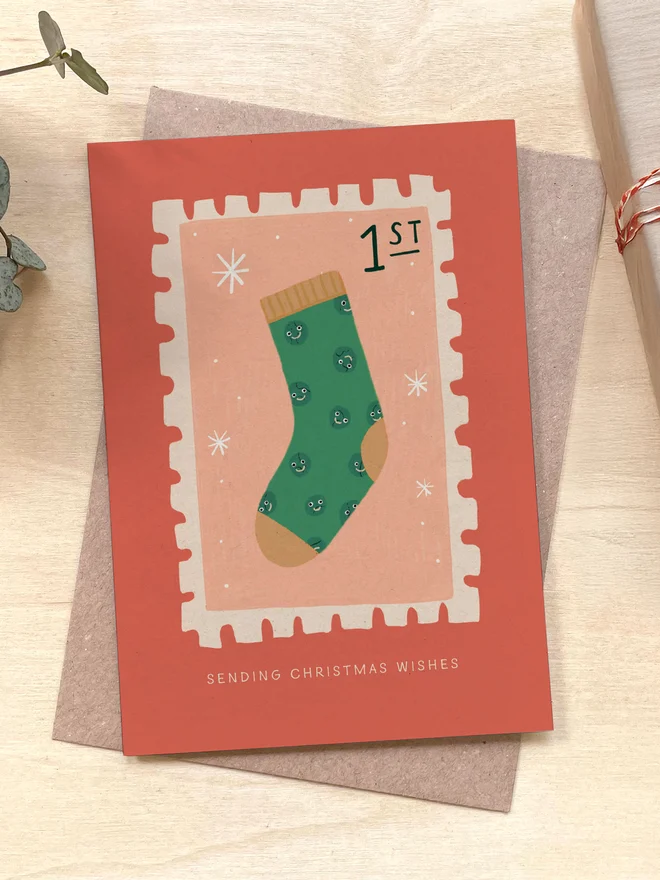 Christmas Sock Stamp Recycled Coffee Cup Card