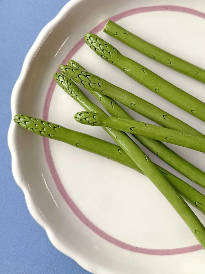 Ceramic white plate with pink trim, topped with ceramic fake asparagus tips on a blue background
