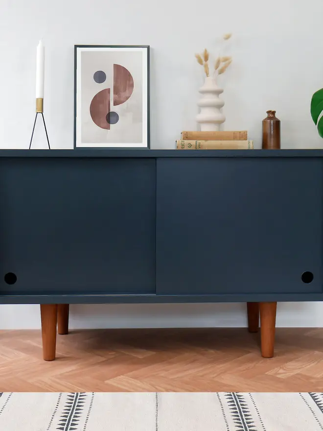 Mid Century Dark Navy Record Cabinet 