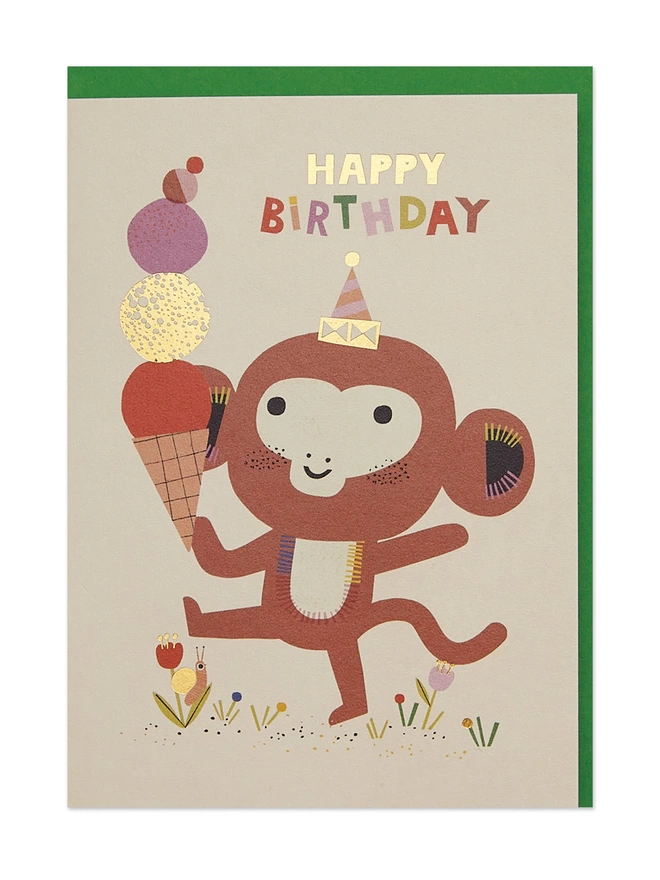 Raspberry Blossom Children’s Birthday card featuring illustrations of a cheeky monkey with an ice cream cone piled high with colourful scoops. The design has special gold foil details and ‘Happy Birthday' message