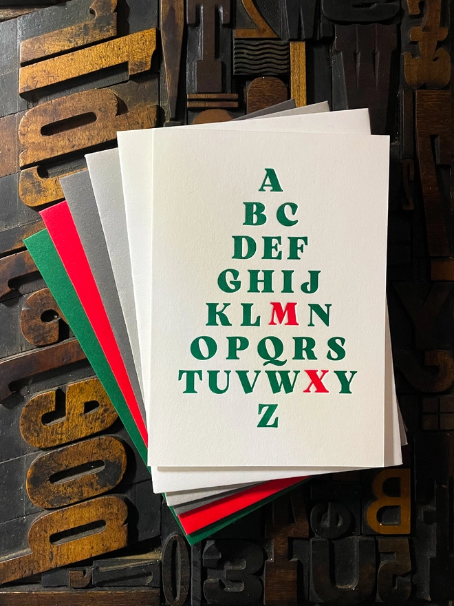 For all you typographers out there; an alphabetical Christmas tree hand printed on "Mary"; my vintage treadle Arab platen. A beautiful typographic letterpress Christmas card. Printed with rich inks with luxury matching and contrasting envelopes; ideal to send to your designer friends at the festive season