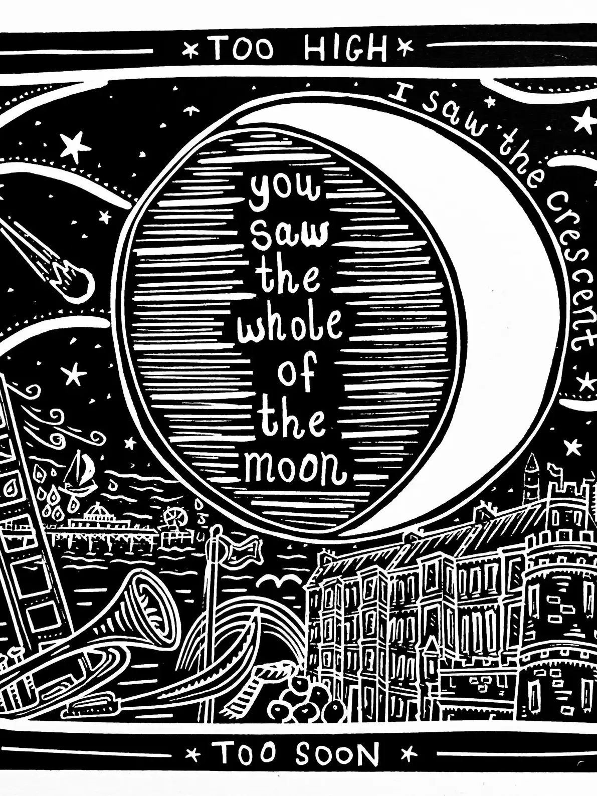 waterboys whole of the moon lyric lino print