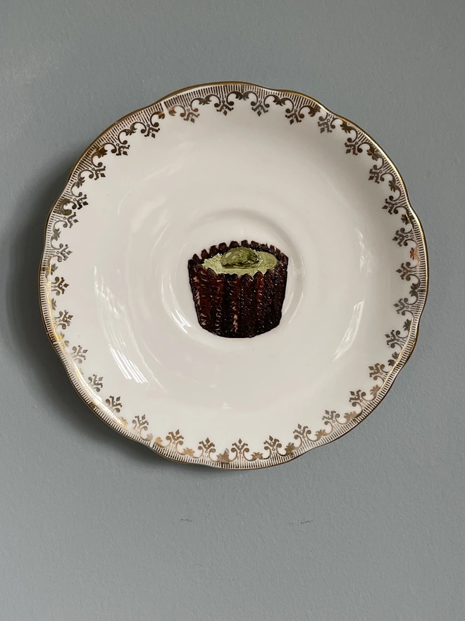 chocolate painting on vintage saucer