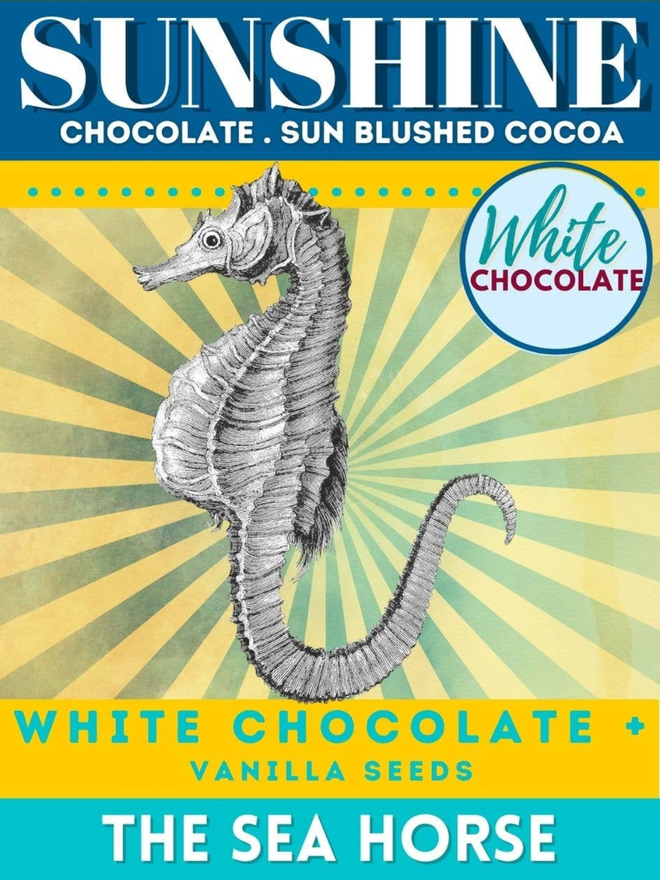 the seahorse white chocolate bar. packaging for a chocolate bar featuring an illustrated sea horse and vibrant yellow and blue colours.