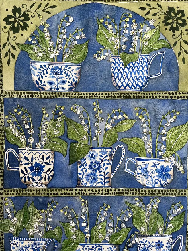 Lily of the Valley, Spring flowers in delft teacups and mugs displayed in a plant theatre