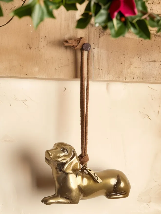 dachshund christmas decoration with suede cord and holy
