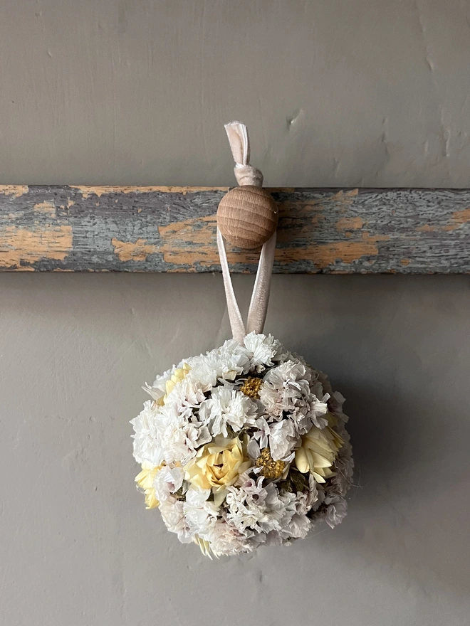 White and Yellow Christmas Dried Flower bauble. Made using a selection of homegrown dried flowers. 