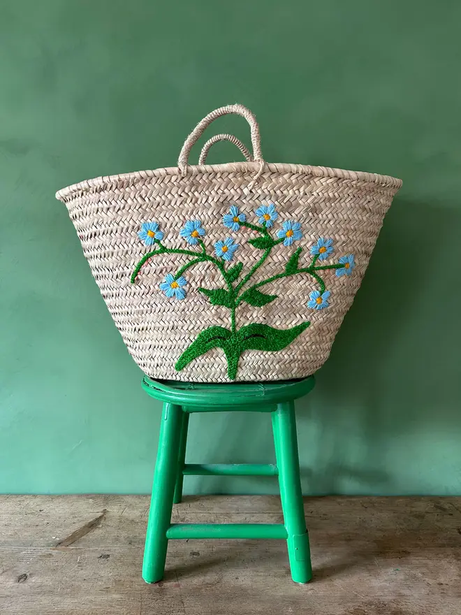 'Forget-Me-Not' Hand Embroidered Market Basket 