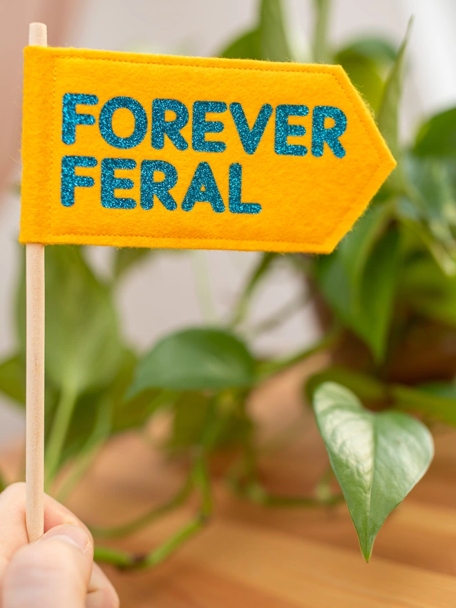 yellow handheld felt flag that has the words "forever feral" written on it it blue glitter