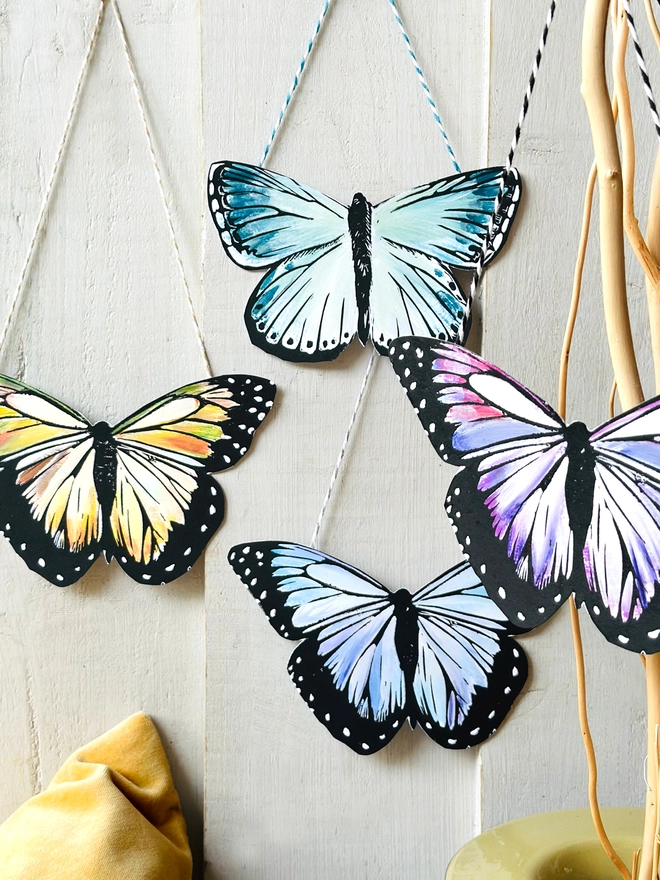 Hand Painted Butterfly Colourful Linocut Hanging Decorations In multiple colours and black