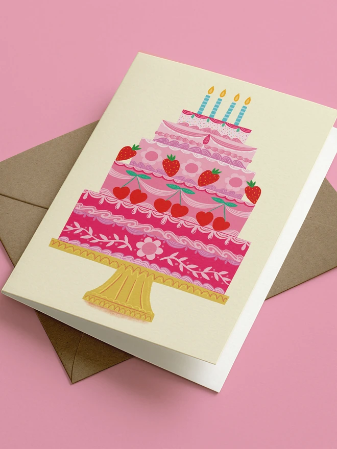 Folk Style Pink Cherries and Strawberries Cake
