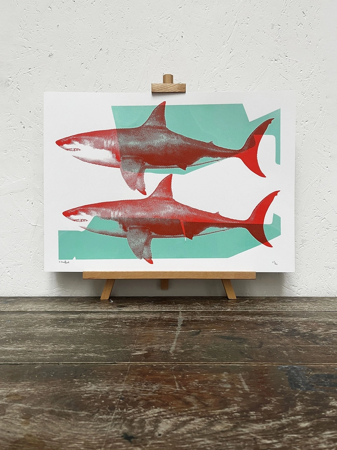 Shark Tank (Turquoise And Red) - Screen Printed Shark Poster - on an easel
