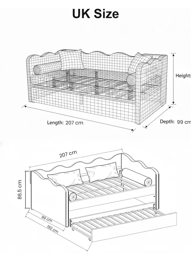 'the lochlan' red gingham upholstered children's bed. a line drawing of a sofa-style bed to show dimensions.