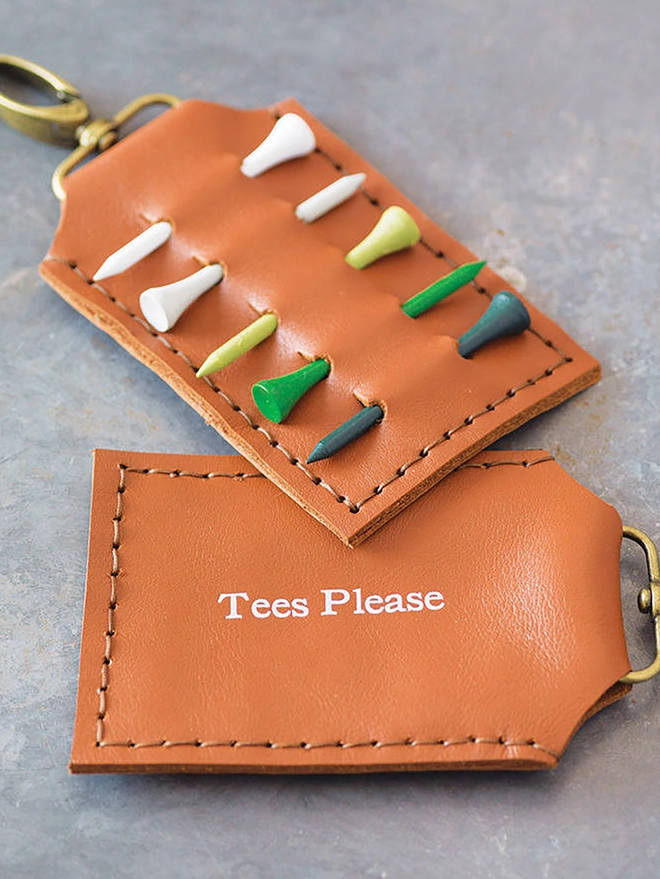 Tan Golf Tee Holder complete with 5 wooden tees and personalised with silver text