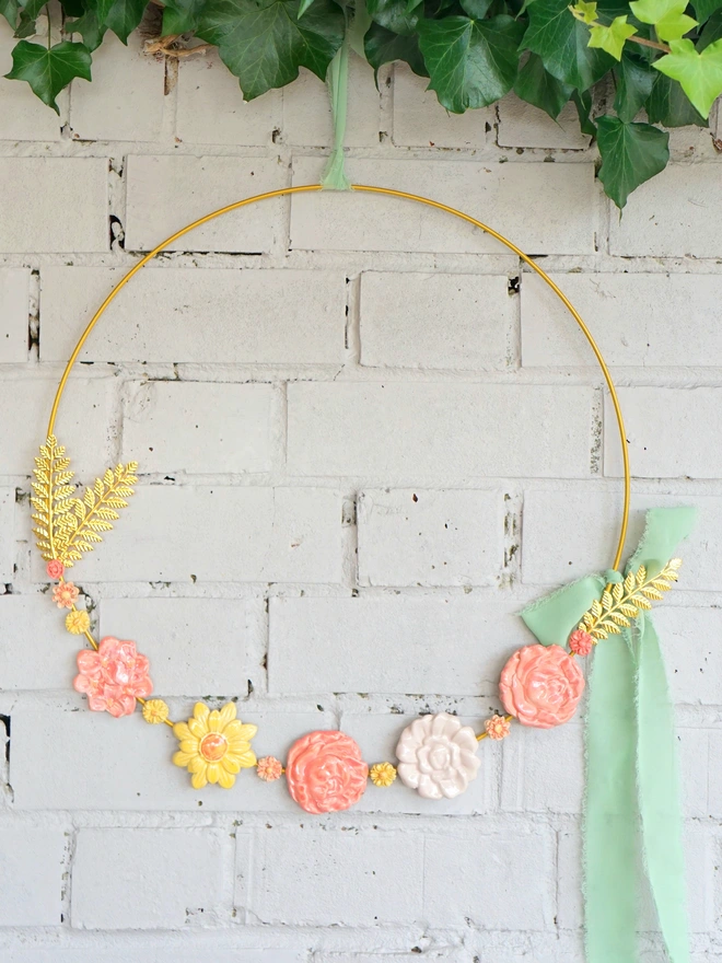 ceramic flower wreath, everlasting wreath, flower wreath, decorative wreath, flower wall hanging, Jenny Hopps Pottery