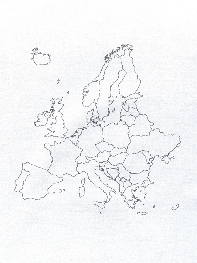 White fabric with the outline of Europe printed on it