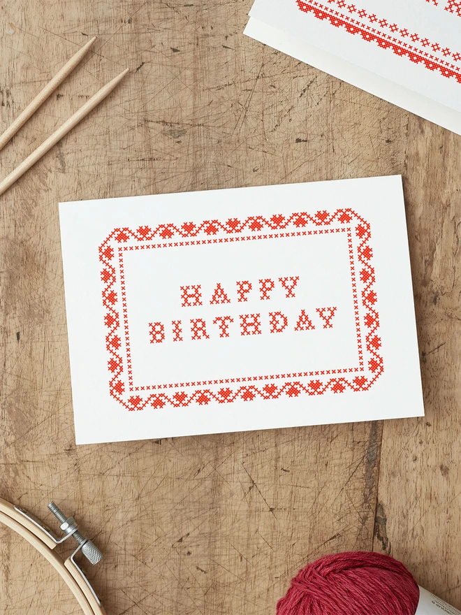 cross stitch happy birthday greeting card CS-BIRTHDAY-RD