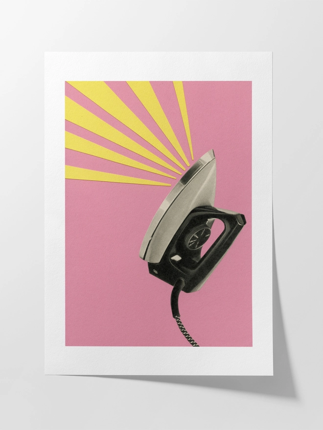  A print depicting a vintage iron against a pink background,