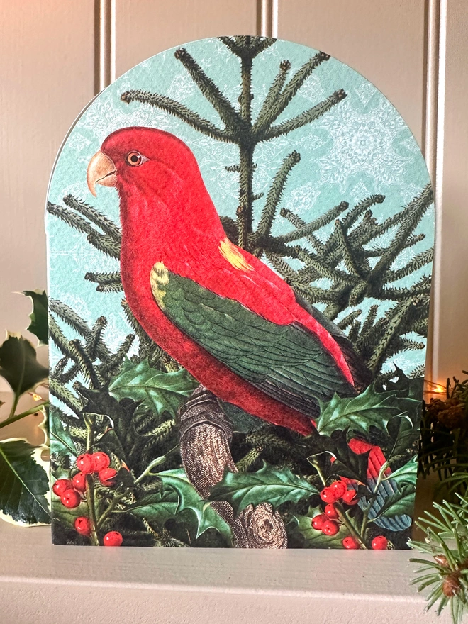 A photo showing an arched shaped Christmas card with a green red parrot on a Christmas tree with holly. The card sits on a shelf, displayed with Christmas foliage.