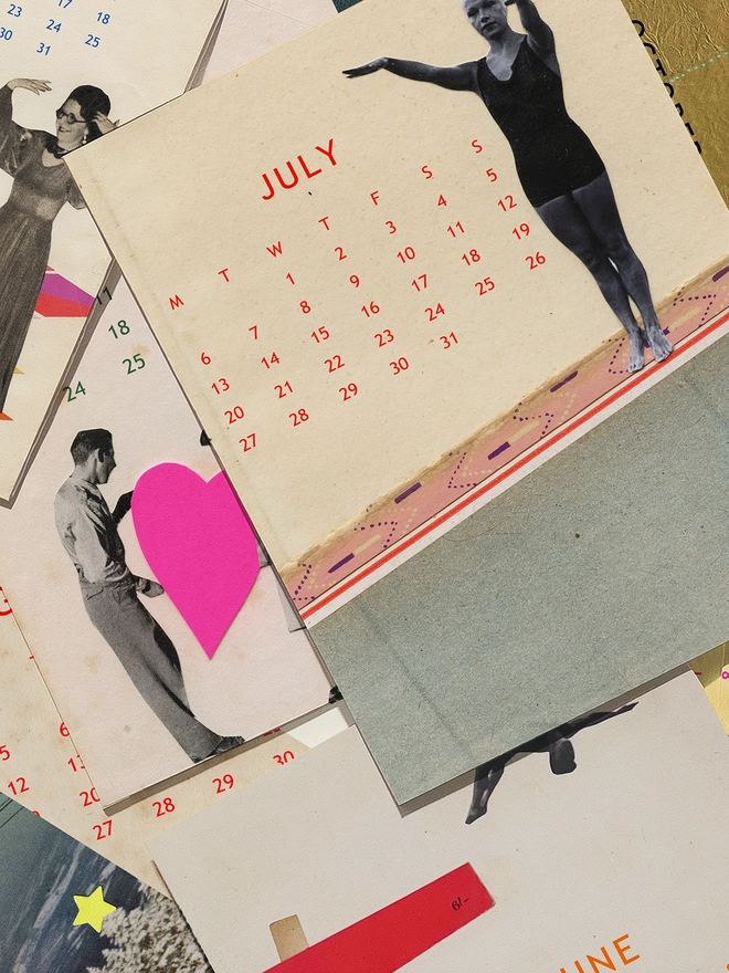 Pages of a desk calendar scattered on a desk.