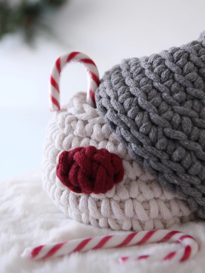 grey and white Christmas crochet gnome basket 