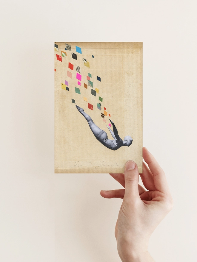 A colourful female diving portrait card with geometric elements creating a vision of speed and movement