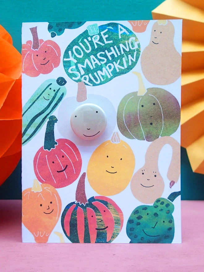 pumpkin, halloween greeting birthday card with pin badge