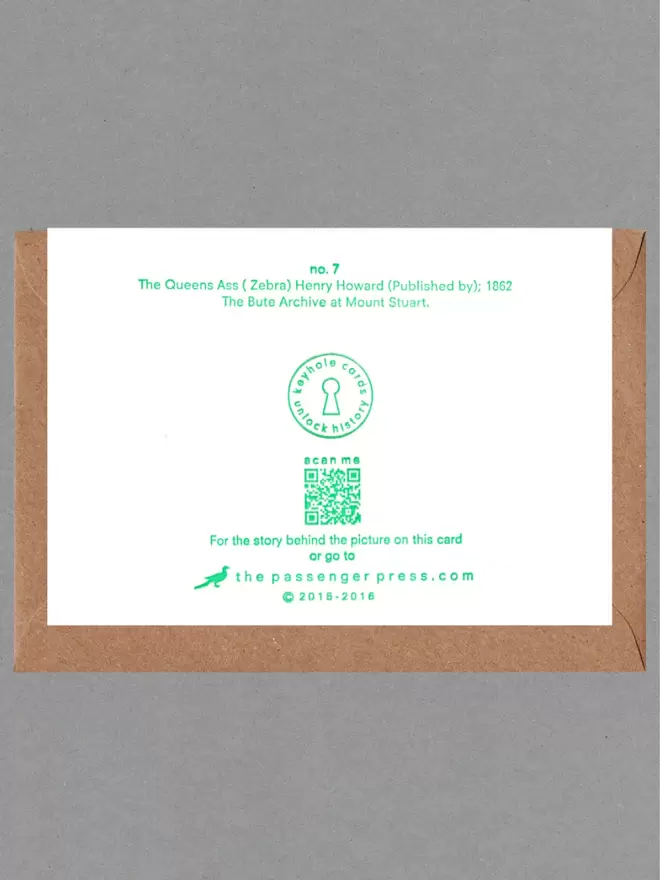 Back face of a white card on a brown envelope. Printed green text, logo and QR code.