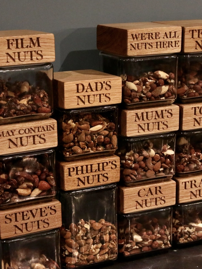 A stack of nut jars