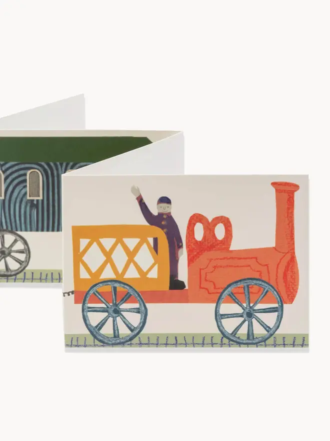 brightly coloured fold out train card