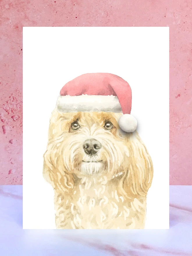 cavapoo dog santa hat christmas card