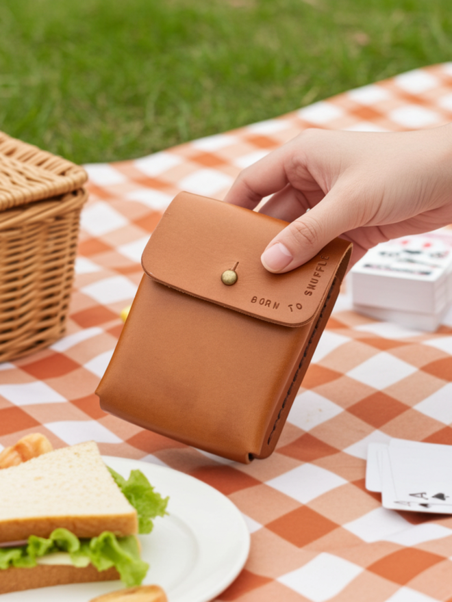 tan leather deck of card holder