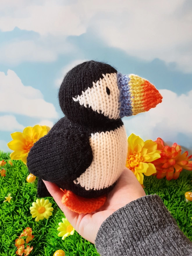 Barry the puffin knitted from a fun knitting kit