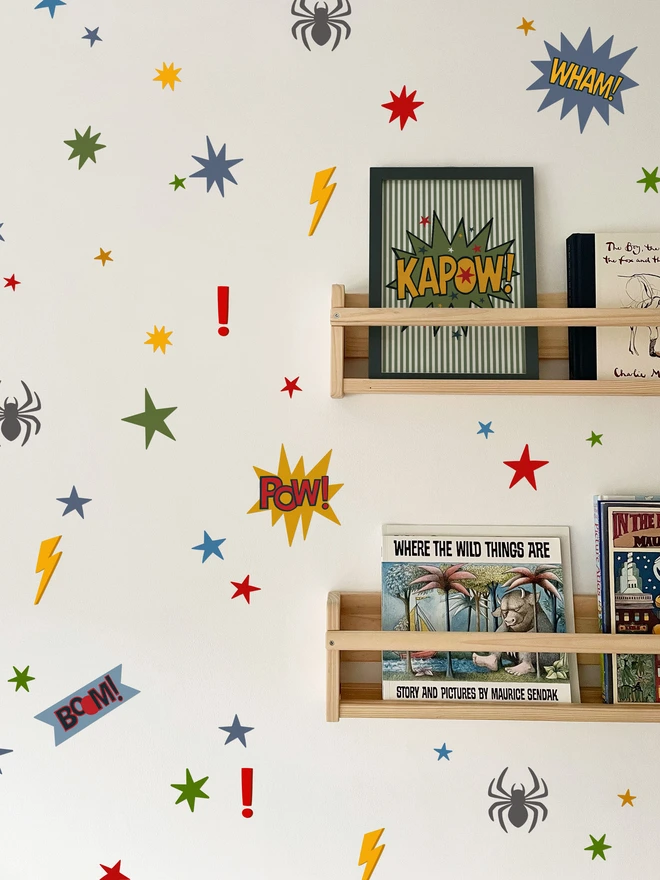 Ducks In A Row Spider Superhero Fabric Wall Stickers in Boys bedroom with book shelves