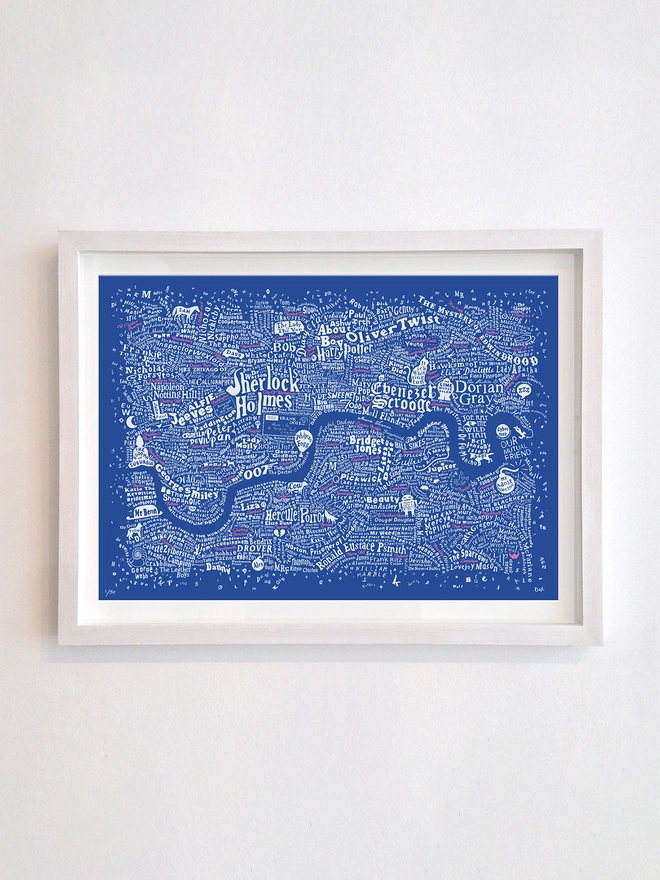 Literary London Map, white and pink on blue