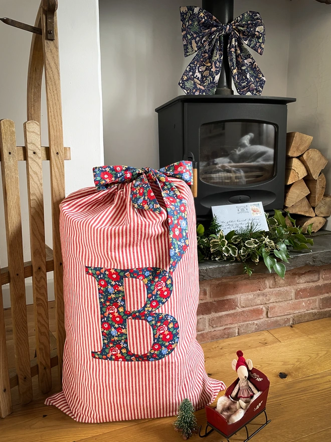 Red Pinstripe Linen Sack with Personalised Liberty Print Letter