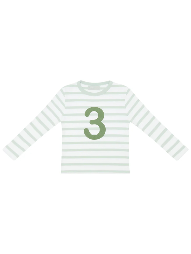 Powder Blue & White Breton Striped Number 3 T Shirt