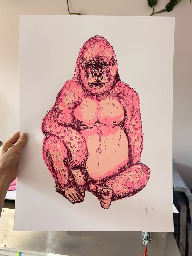 Pink Pastel Gorilla Screen Print by hannah Carvell