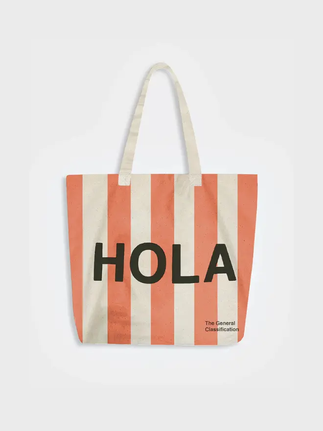 'Hola/Adios' Stripe Tote Bag, against a white background. 