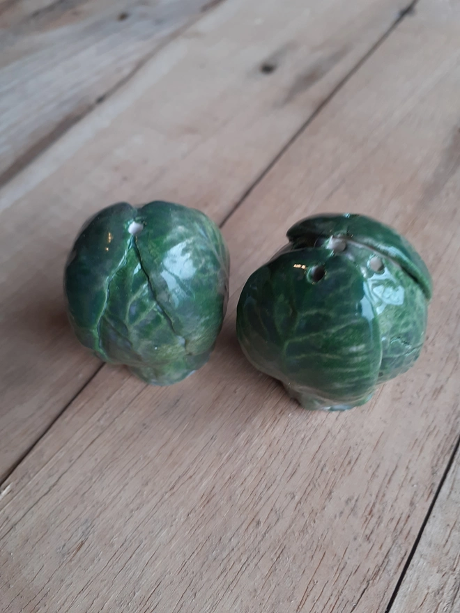 Unique artisan Brussels sprout ceramic shakers for salt and pepper, glossy finish,