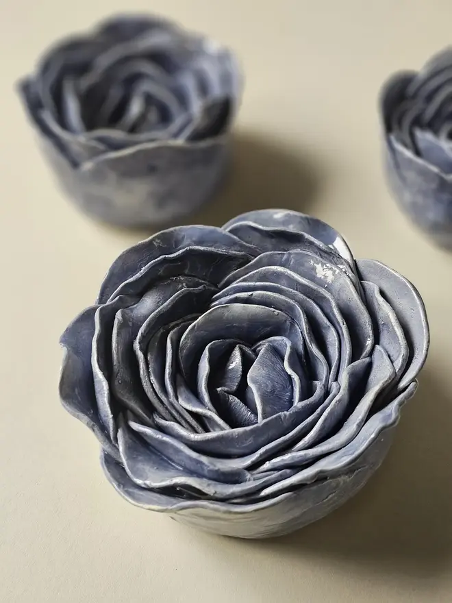 handmade blue ceramic flower wall hanging neutral decor sculpture art pottery glazed gift for her forever everlasting rose